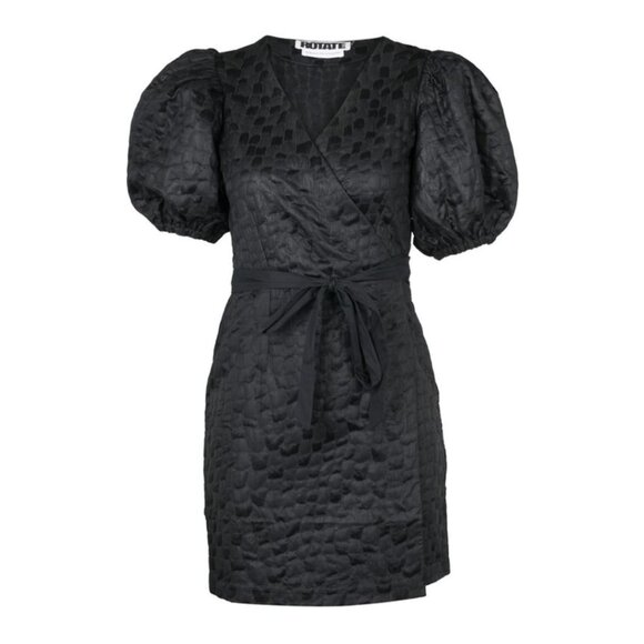 NWT Rotate Birger Christensen Frida Mini Wrap Dress Black Sz 38 Textured Satin - Picture 2 of 9